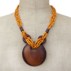 Collier Original mi-long perles de rocaille oranges Pendentif rond en bois naturel