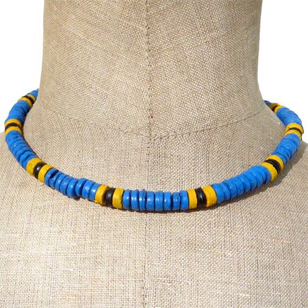 Collier Surf de Bali Perles Heishi en noix de coco Bleu Jaune Noir