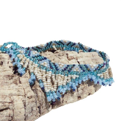 Bracelet de cheville tout en perles de rocailles Franges Bleu Beige