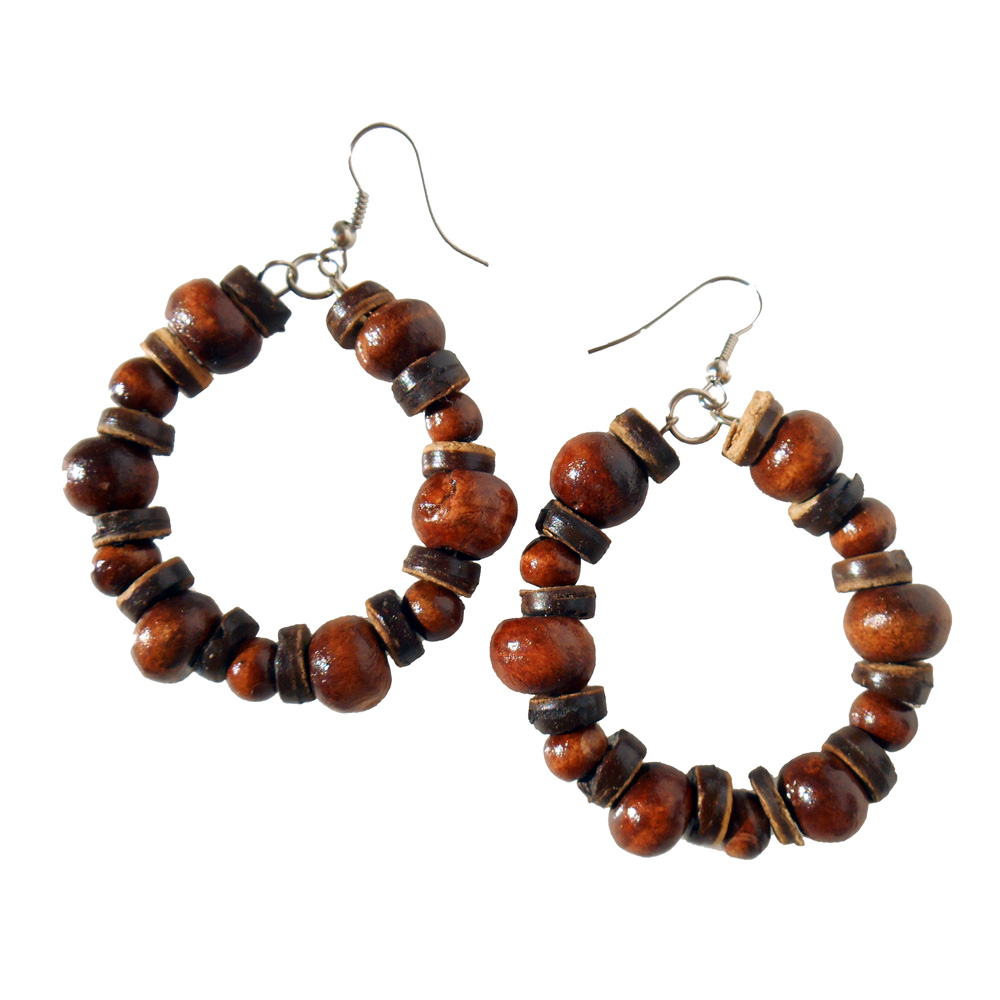 Boucles d'Oreilles Marrons Anneaux Perles en Bois et en noix de Coco