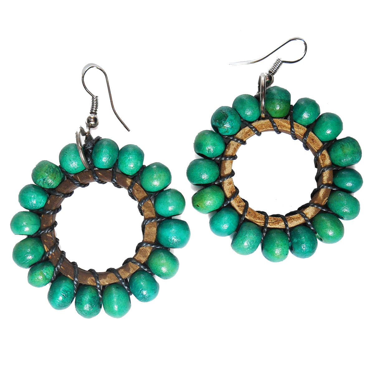 Boucles d'oreilles en bois et noix de coco perles vertes