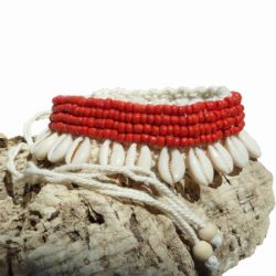 Bracelet de Cheville en coton et Coquillages Cauris Perles de rocaille rouges