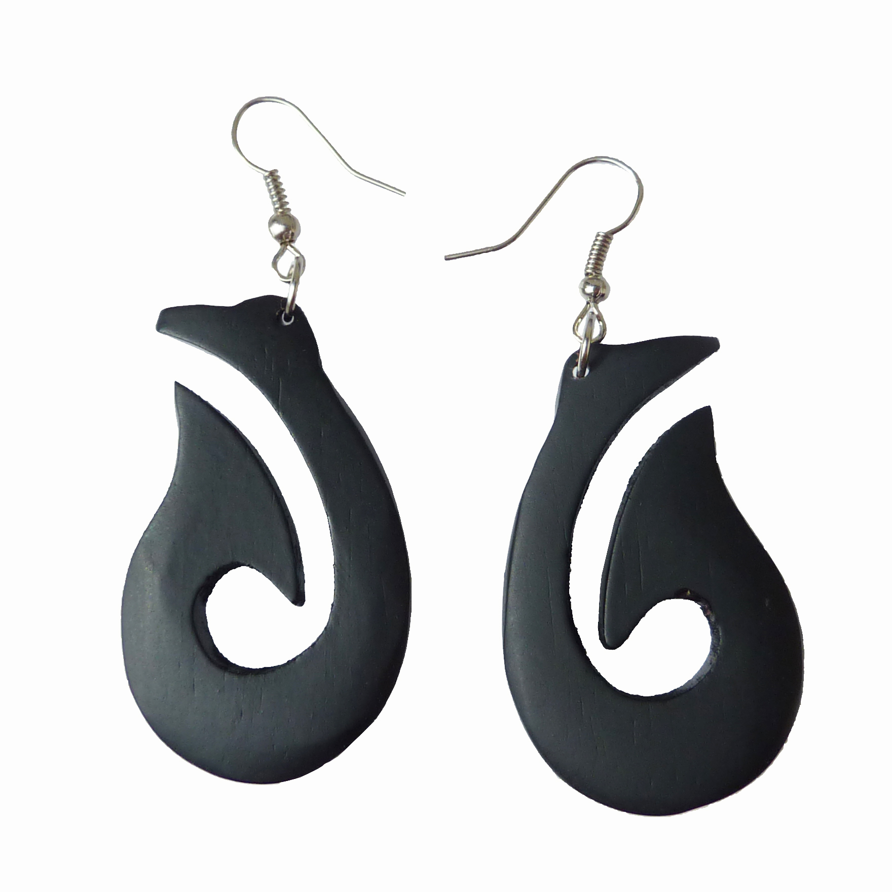 Boucles d'oreilles en bois formes hameçons style maori