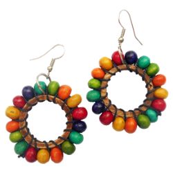 Boucles d'oreilles Perles bois multicolore sur anneau en coco