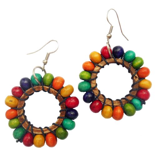 Boucles d'oreilles Perles bois multicolore sur anneau en coco