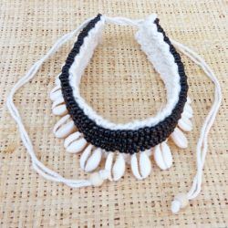Bracelet de Cheville en coton et Coquillages Cauris Perles de rocaille noires