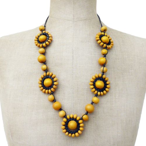 Collier Jaune original soleils en perles de bois