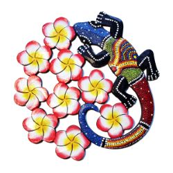 Lézard Gecko Fleur de Frangipaniers forme ronde en bois pour décoration murale