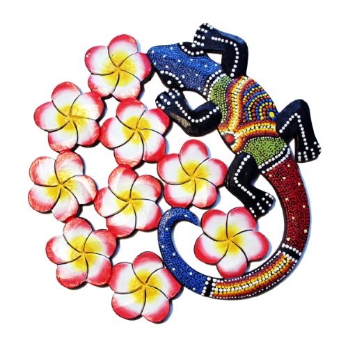 Lézard Gecko Fleur de Frangipaniers forme ronde en bois pour décoration murale