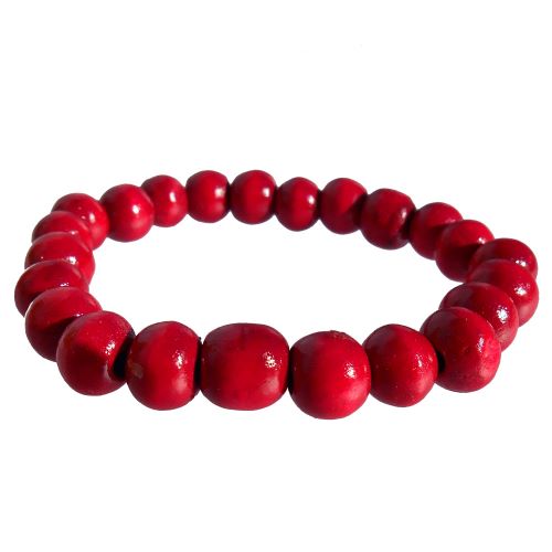 Bracelet en bois un rang de perles rouges sur élastique