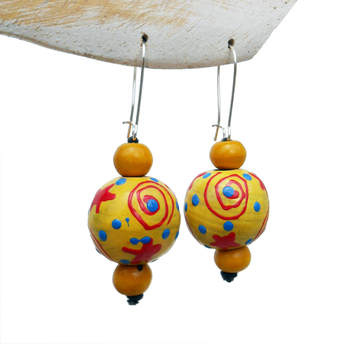 Boucles d'oreilles originales Perles en bois Jaune - Rouge - Bleu