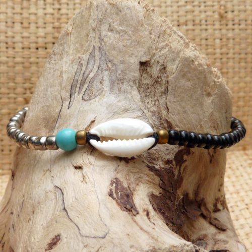 Bracelet cauri original ajustable perles noires argents et bleue