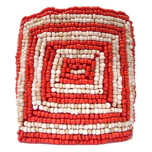 Bracelet manchette motif géométrique broderie en perles de rocaille Rouge et Beige