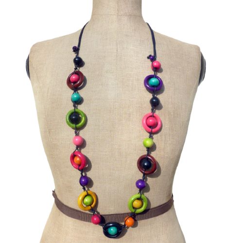 Collier sautoir multicolore Original en Bois Anneaux et perles rondes