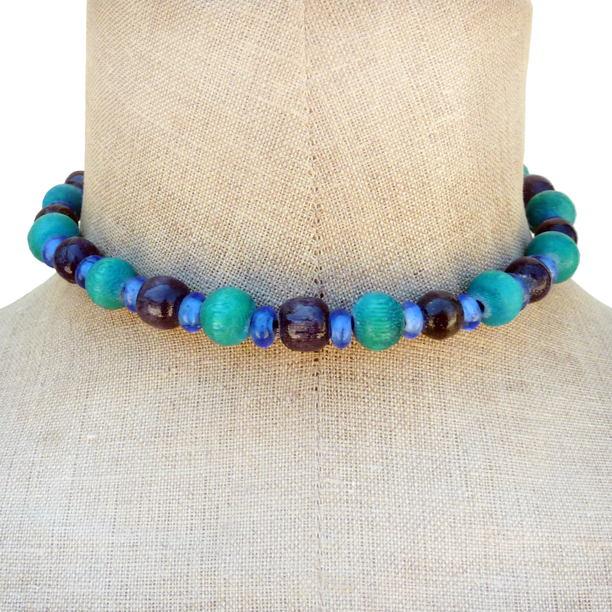 Collier perles en bois rondes et pâte de verre Vert Noir Bleu