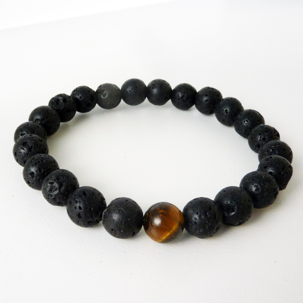 Bracelet pierres naturelles, perles rondes, pierres de lave et oeil de tigre