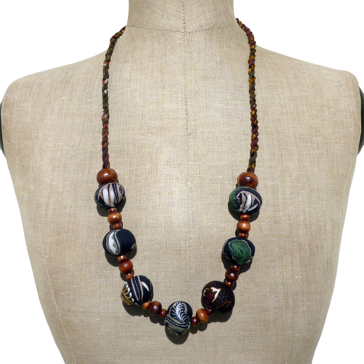 Collier Original Vert / Bleu Perles en Bois et Tissu Batik