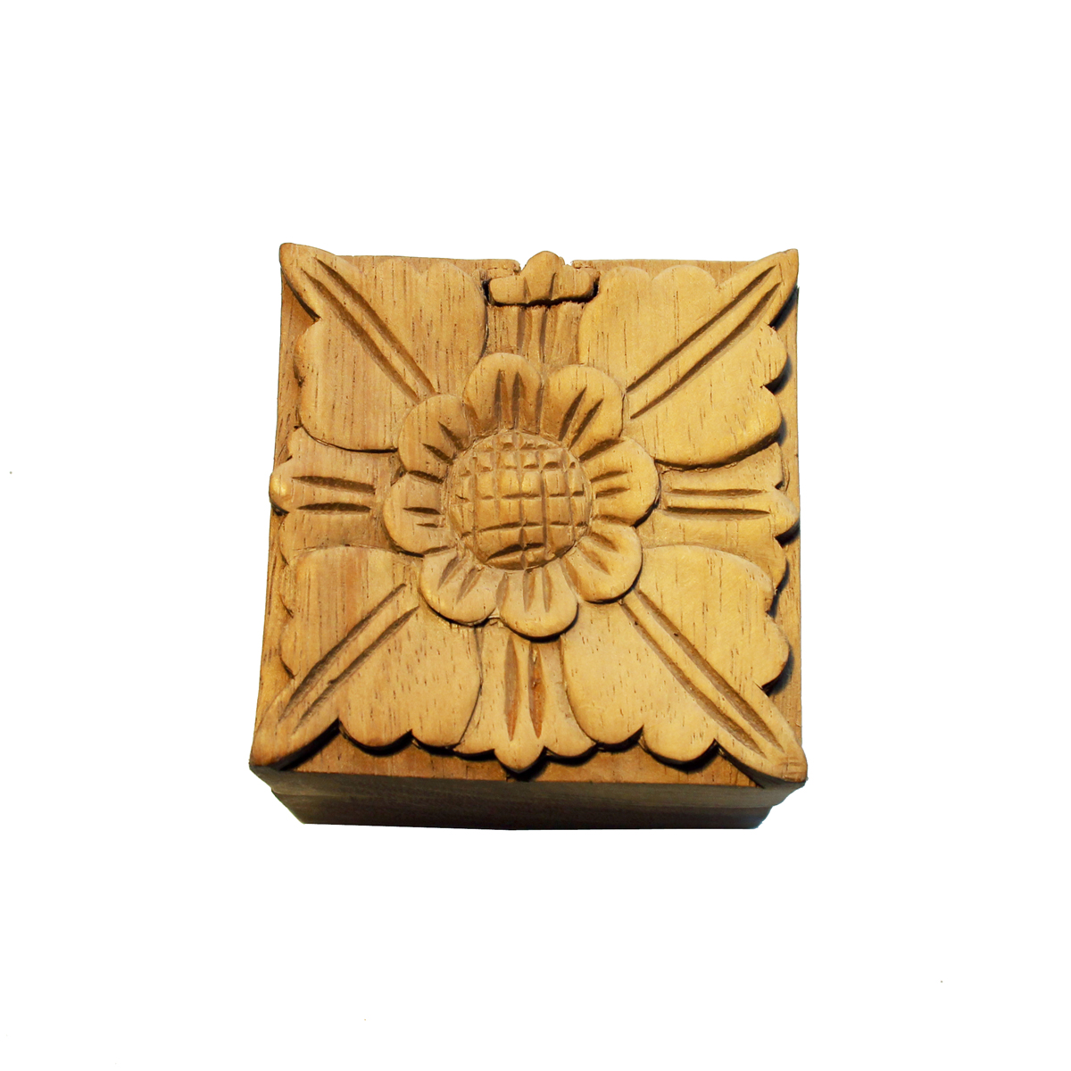 Boite à ouverture secrète en bois sculpté motif fleur de Lotus
