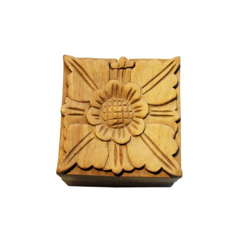 Boite à ouverture secrète en bois sculpté motif fleur de Lotus