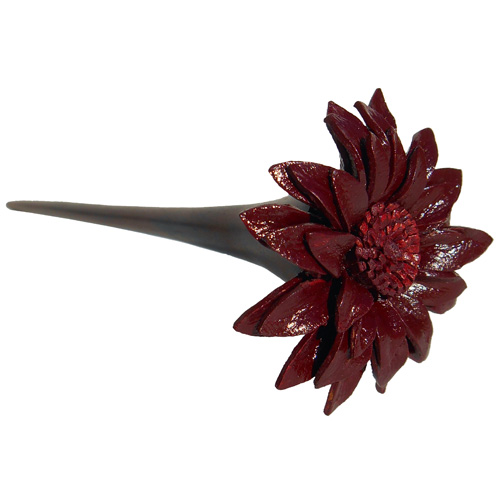Pique à cheveux en bois à bout évasé avec Fleur en cuir Bordeaux