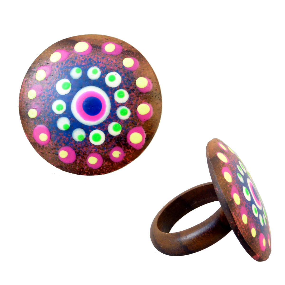 Bague en bois ronde décor à points multicolores