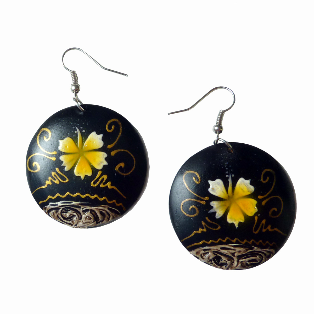 Boucles d'oreilles en bois peint - Rondes Hibiscus jaune