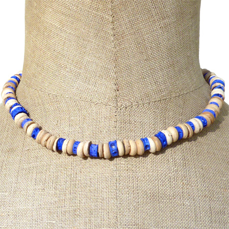 Collier Surfer Original ras de cou Perles en Noix de Coco Beige Bleu
