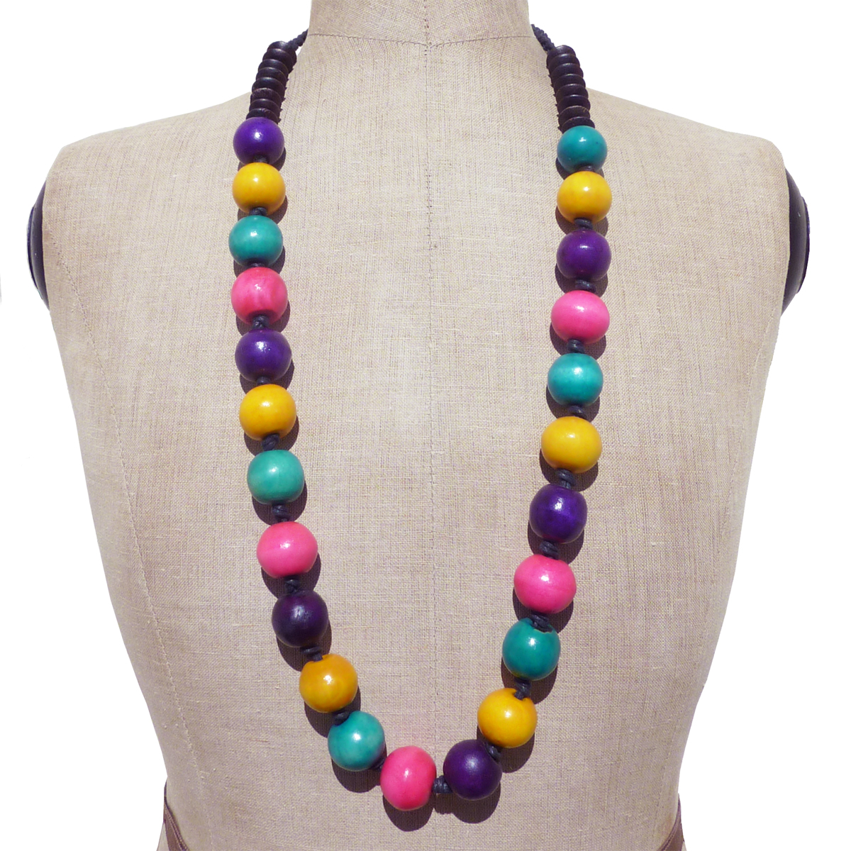 Collier en bois perles boules jaune rose vert violet