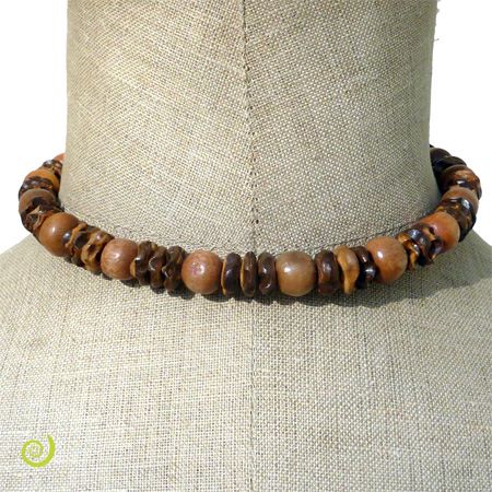 Collier Surfer Original Perles en Noix de Coco et Bois - Tons Marrons