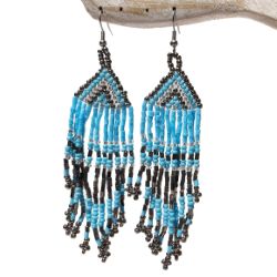 Boucles d'oreilles en perles de rocaille franges bleu et métal
