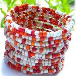 Bracelet Manchette 15 rangs de grosses perles de rocaille Orange Beige Rouge