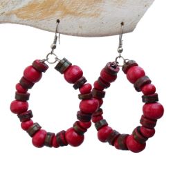 Boucles d'Oreilles créoles fantaisie Originales Rouges Perles en Bois et Coco