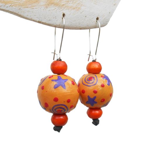 Boucles d'oreilles originales Perles en bois Orange - Mauve - Rouge