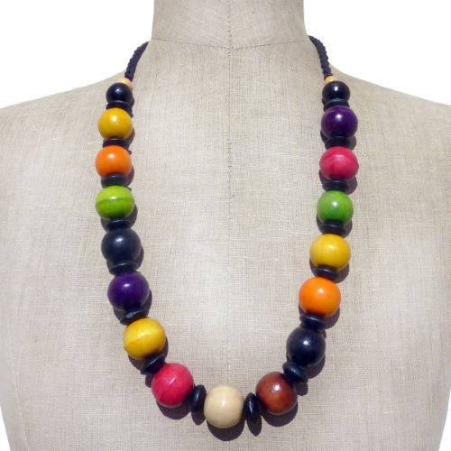 Collier multicolore et noir en bois perles boules