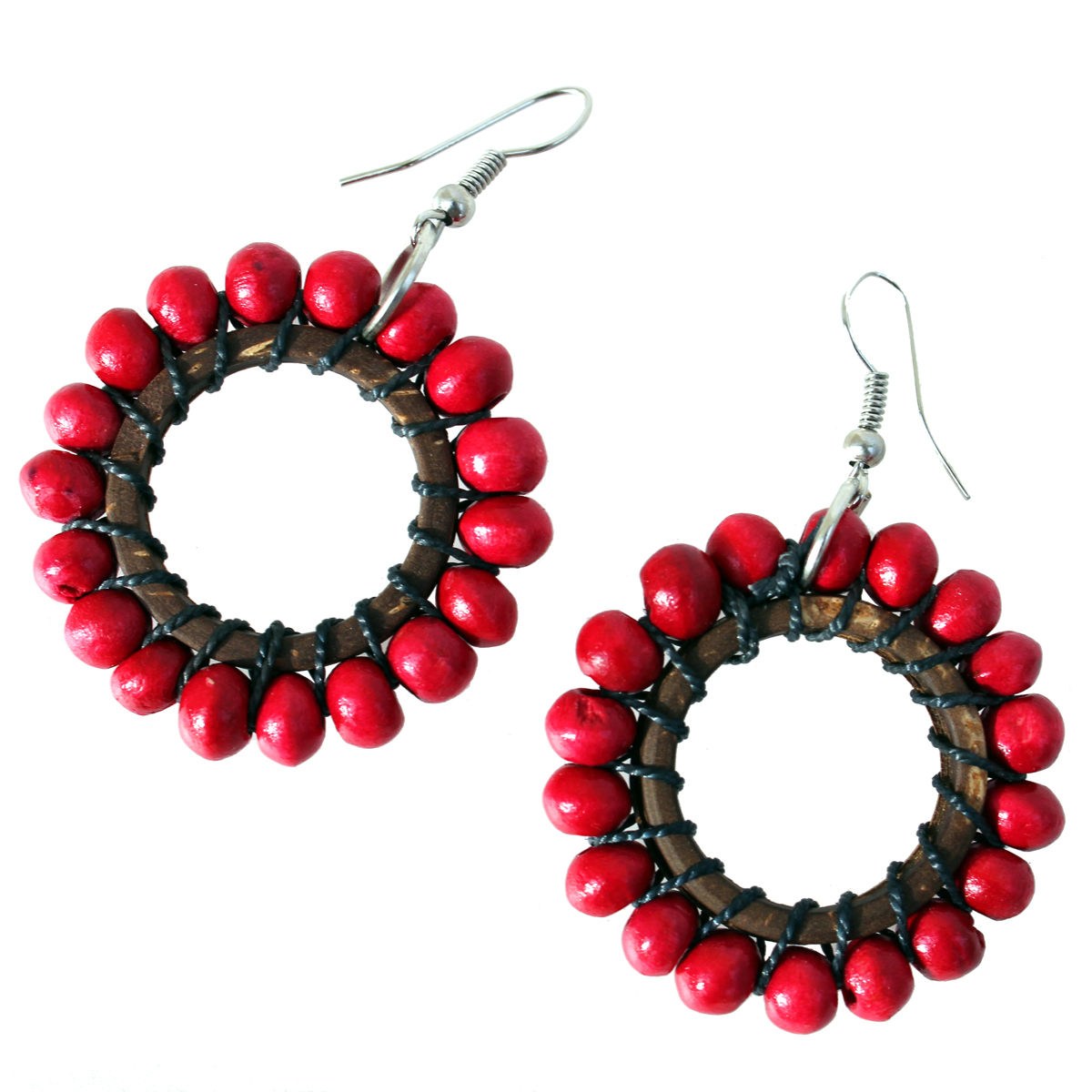 Boucles d'Oreilles bois et noix de coco perles rouge cerise
