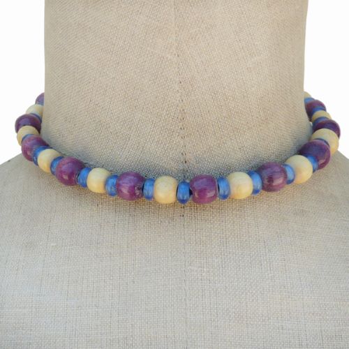 Collier perles en bois rondes et pâte de verre Violet Beige Bleu