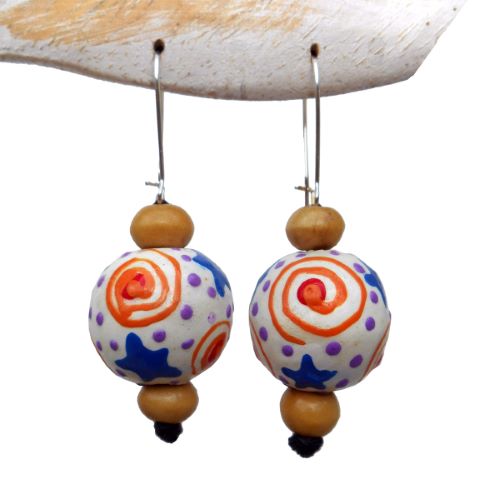 Boucles d'oreilles originales Perles en bois Blanc - Orange - Bleu