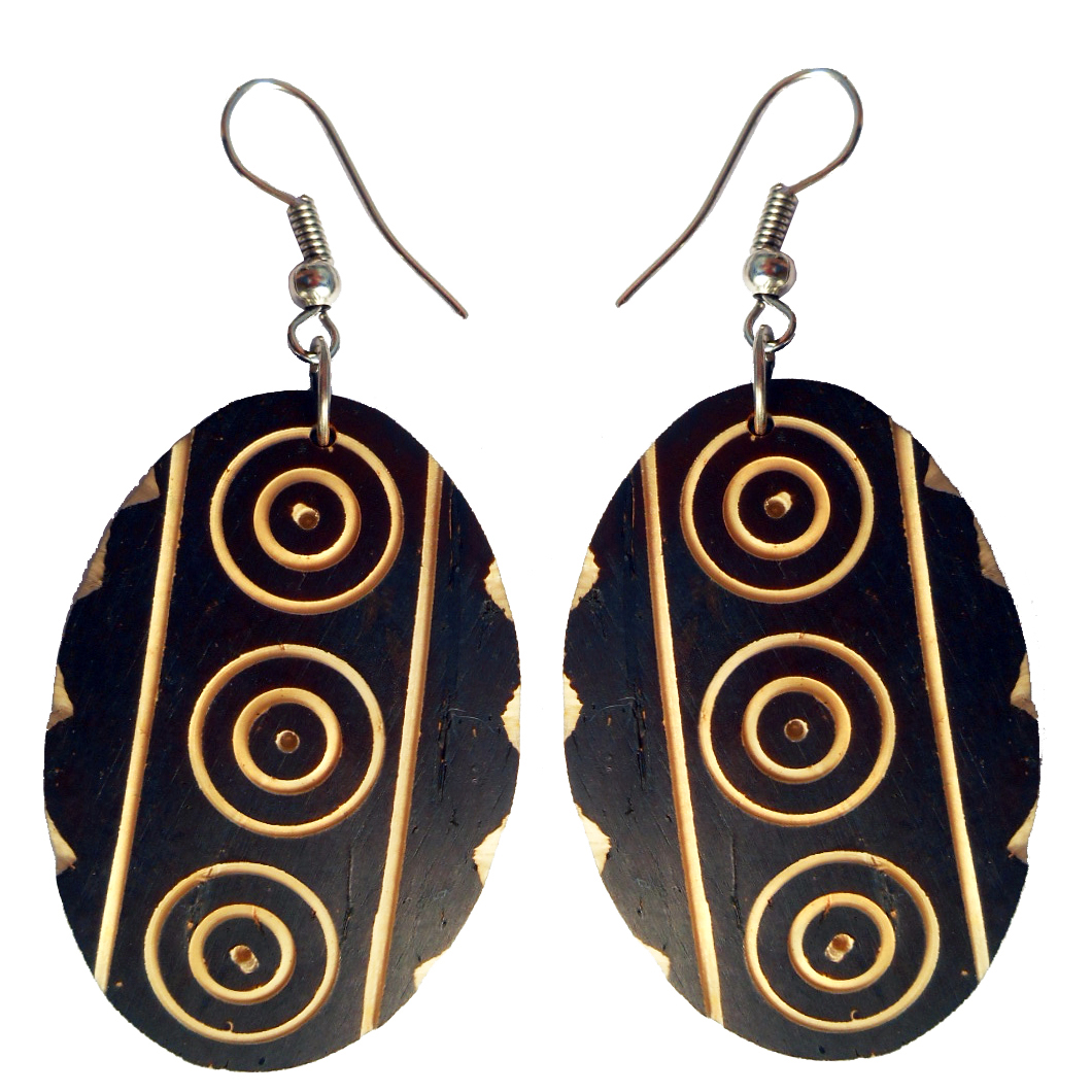 Boucles d'Oreilles Originales Ovales en Noix de Coco gravée