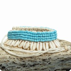 Bracelet de Cheville en Crochet et Coquillages Cauris Perles de rocaille bleu ciel