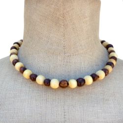 Collier en bois bicolore perles rondes en bois naturels