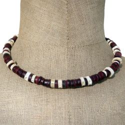 Collier Surf Perles en Noix de Coco teinte rouge et Vertèbres de poissons