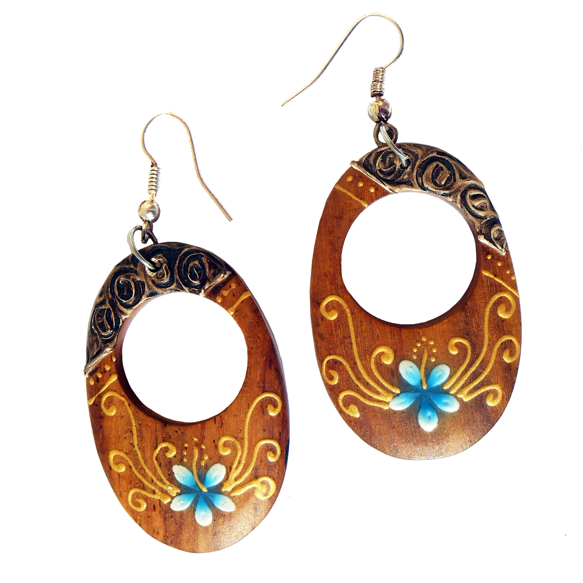 Boucles d'oreilles en bois originales frangipaniers bleus