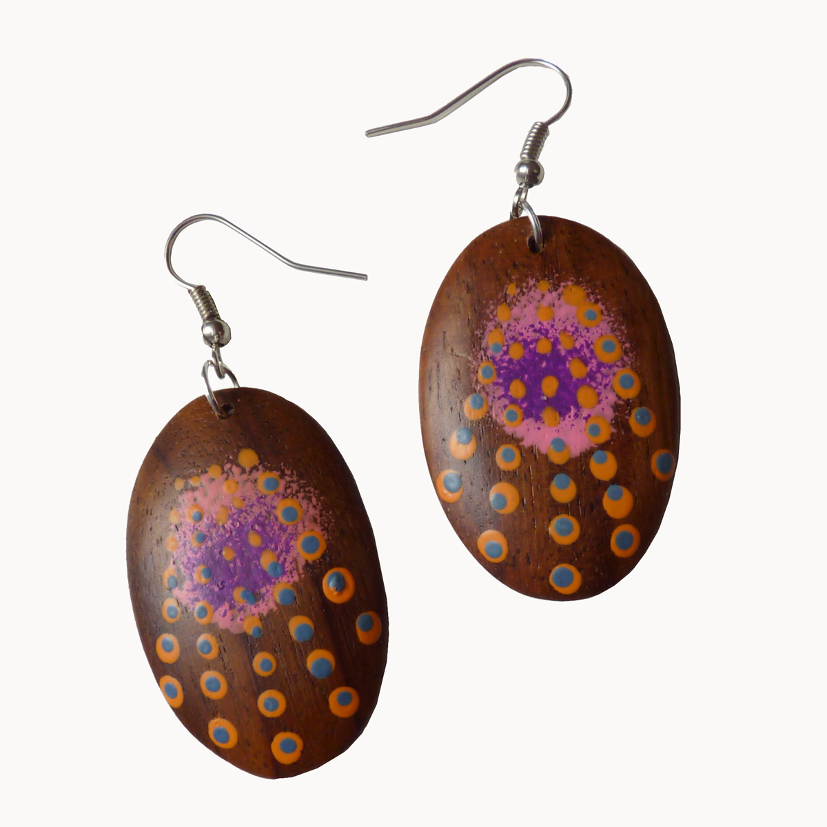 Boucles d'oreilles en bois originales ovales décor peint