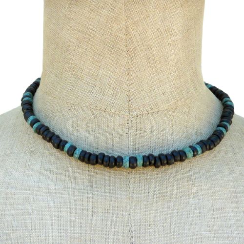 Collier Surf Perles en noix de coco bleu et noir Look Vintage