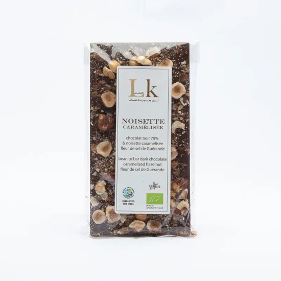 Chocolat noir 70% & noisette caramélisée<BR> Tablette de 85 g.