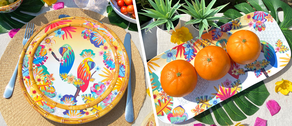 Photo of the melamine collection theme parrots of bahia : plates, tray, dish...