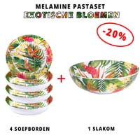 Melamine pastaset: 1 slakom + 4 soepborden (-20%) Exotische bloemen Thema