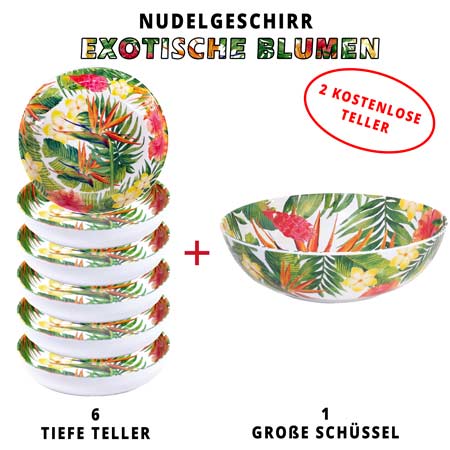 Nudelgeschirr-Set aus melamin: 1 Schüssel und 6 tiefe Pastateller (davon 2 GRATIS) Exotische Blumen