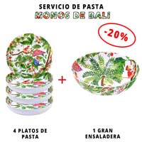 Servicio de pasta de melamina: 1 ensaladera + 4 platos de pasta (-20%) Monos de Bali