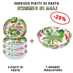 Set di pasta alla melamina: 1 insalatiera + 4 piatti da minestra (-20%) Scimmie di Bali